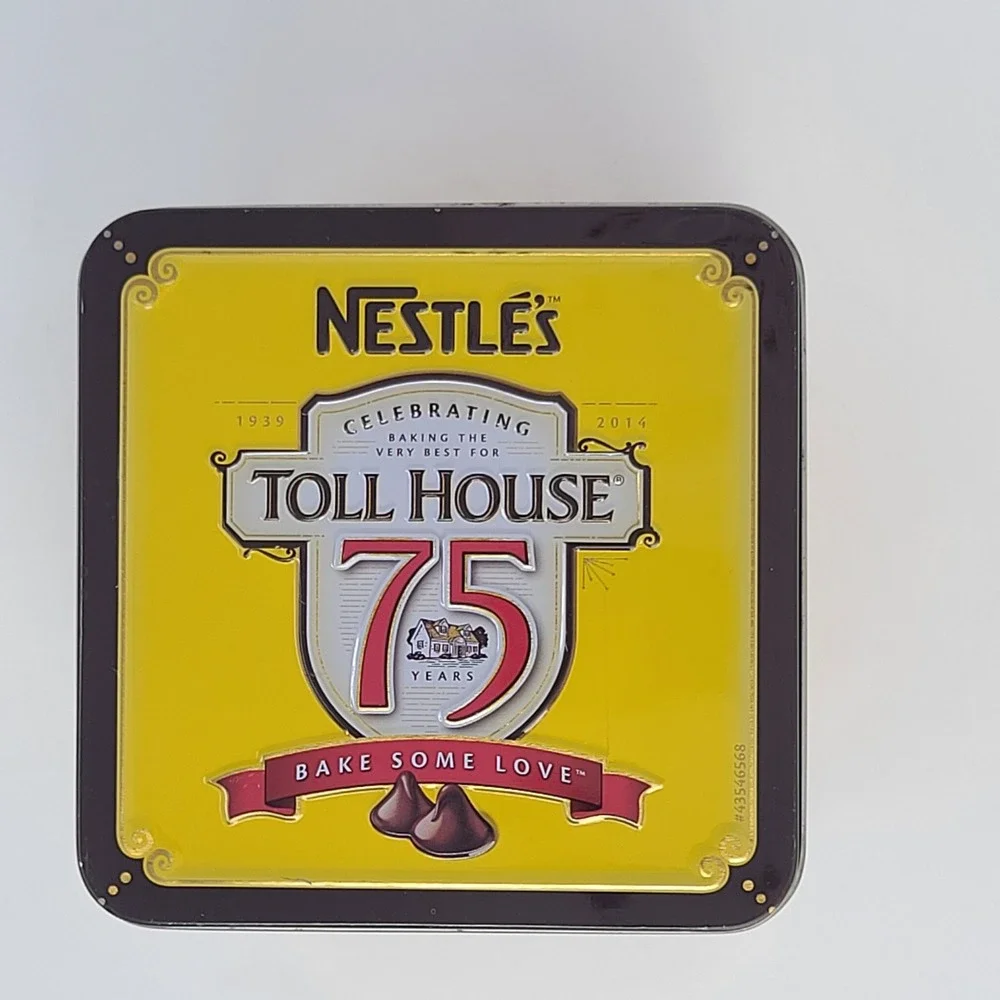 2014 Nestle Toll House Tin 75th Anniversary Canister Yellow Red 6.25 inches Good